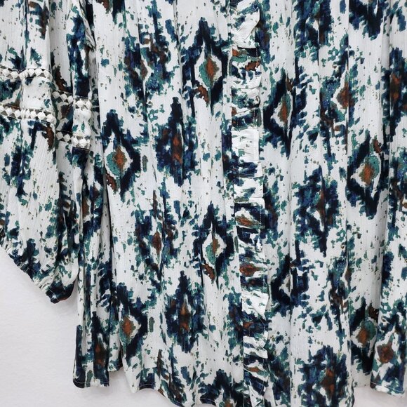 Intro Ikat Print Split Round Neck 3/4 Balloon Sleeve Women's Rayon Boho Top 2X - Picture 5 of 12